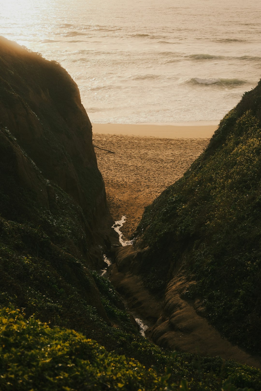 A narrow stream flowing through rocky cliffs onto a sandy beach at low sun